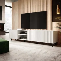 Garnero Arredamenti Mobile Tv Basso|Mobili Tv Moderni-Mobile porta TV 201x53h cm 4 ante cannettato bianco Essence Bianco Opaco