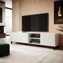 Garnero Arredamenti Mobile Tv Basso|Mobili Tv Moderni-Mobile porta TV 201x53h cm 4 ante cannettato bianco Essence Bianco Opaco