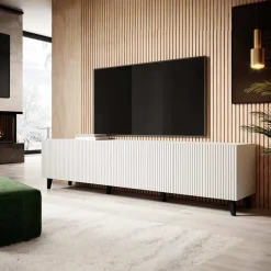 Garnero Arredamenti Mobile Tv Basso|Mobili Tv Moderni-Mobile porta TV 201x53h cm 4 ante cannettato bianco Essence Bianco Opaco