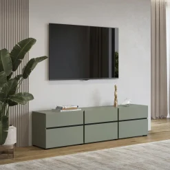 Garnero Arredamenti Mobile Tv Basso|Mobili Tv Moderni-Mobile porta TV 180x48h cm 3 ante a ribalta 3 cassetti verde nero Lolla Verde Salvia