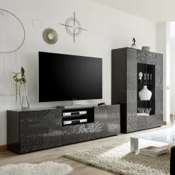 Garnero Arredamenti Mobile Tv Basso|Mobili Tv Moderni-Mobile porta TV 181x57h cm 2 ante 1 cassetto soggiorno grigio laccato lucido Paradise Antracite