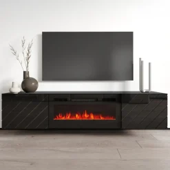 Garnero Arredamenti Mobili Tv Moderni|Mobile Tv Moderno-Mobile porta tv 183x38h cm 2 ante con biocamino nero lucido Armando