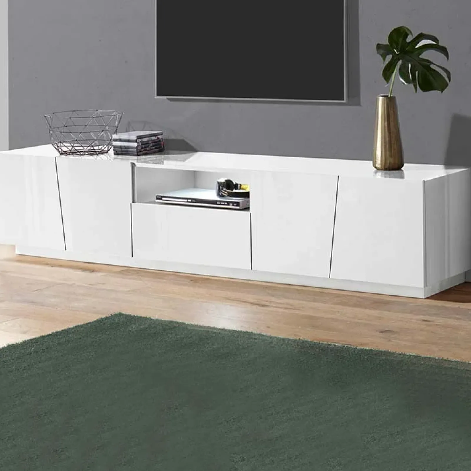 Garnero Arredamenti Mobile Tv Basso|Mobili Tv Moderni-Mobile porta TV 220x46h cm 4 ante Candia Gihome® Bianco Lucido