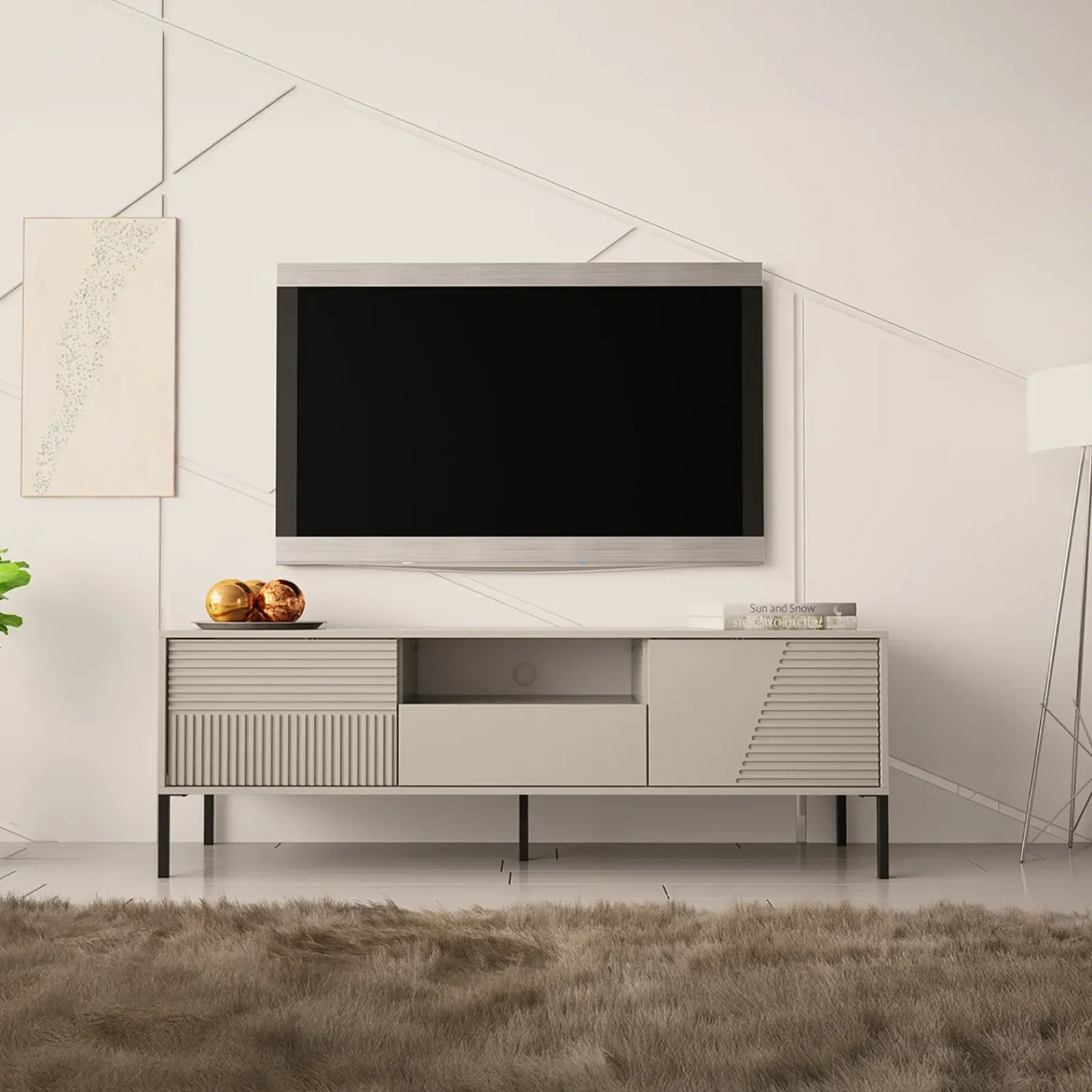 Garnero Arredamenti Mobili Tv Moderni|Mobile Tv Moderno-Mobile porta tv 155x54h cm 2 ante 1 cassetto cannettato beige Diana