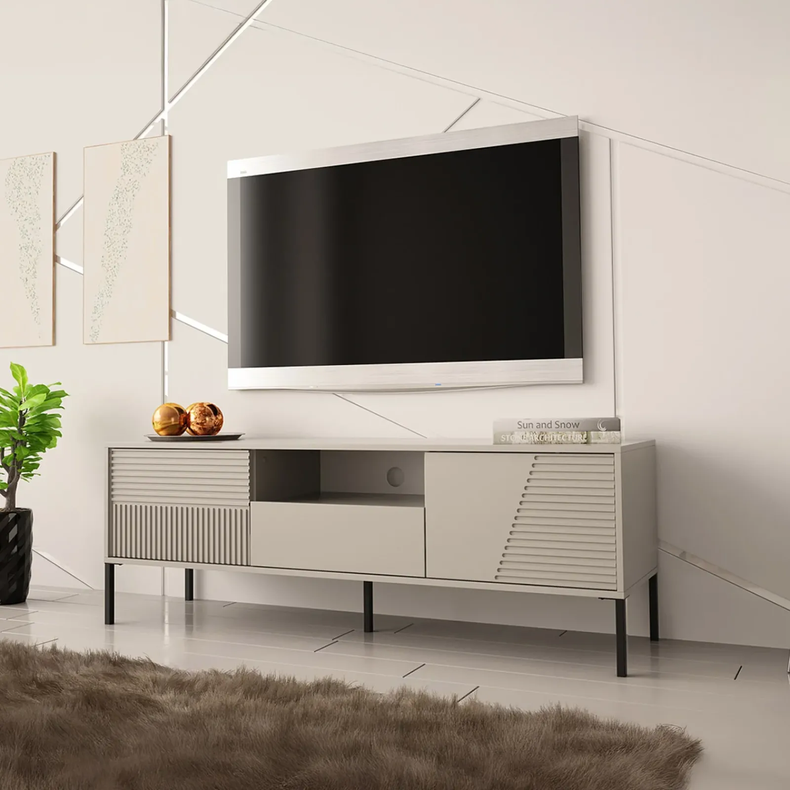 Garnero Arredamenti Mobili Tv Moderni|Mobile Tv Moderno-Mobile porta tv 155x54h cm 2 ante 1 cassetto cannettato beige Diana