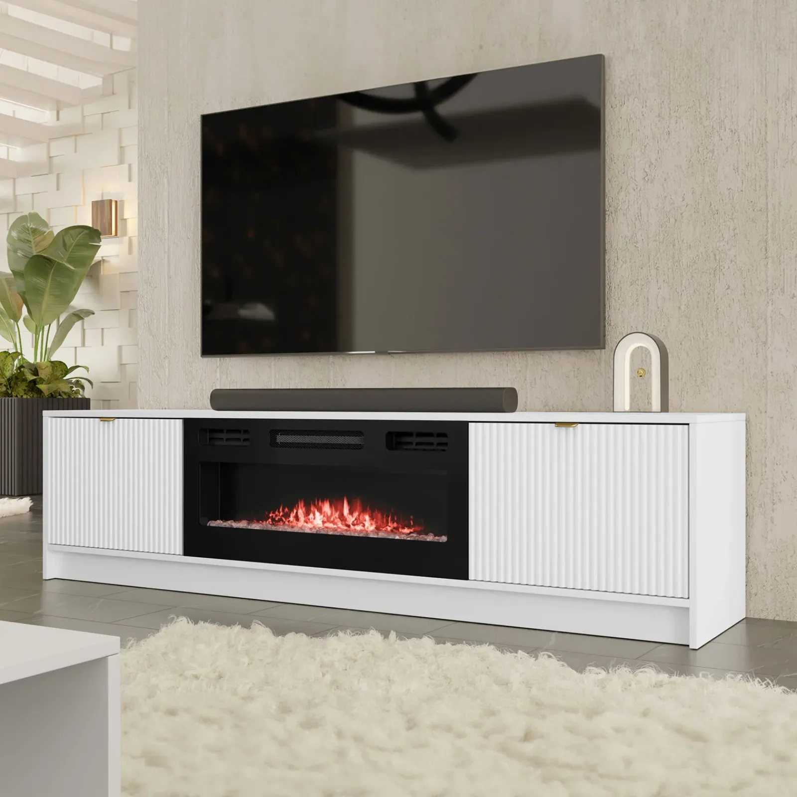 Garnero Arredamenti Camino Elettrico|Mobile Tv Sospeso-Mobile porta TV 182x48h cm 2 ante con caminetto bianco cannettato nero Athena Bianco Opaco