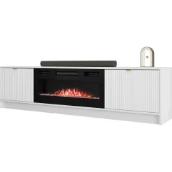 Garnero Arredamenti Camino Elettrico|Mobile Tv Sospeso-Mobile porta TV 182x48h cm 2 ante con caminetto bianco cannettato nero Athena Bianco Opaco