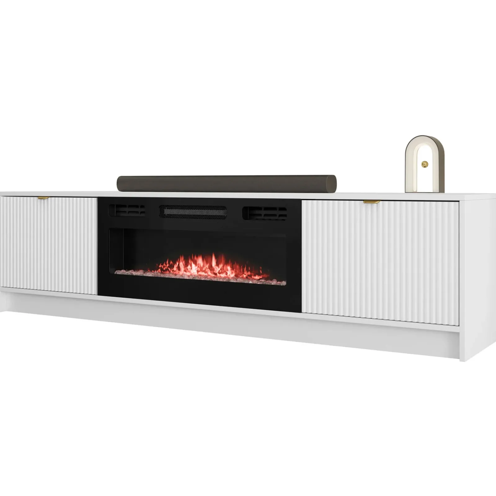 Garnero Arredamenti Camino Elettrico|Mobile Tv Sospeso-Mobile porta TV 182x48h cm 2 ante con caminetto bianco cannettato nero Athena Bianco Opaco