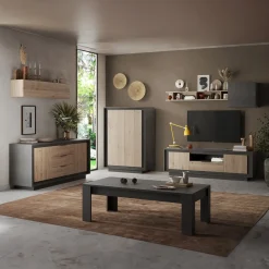 Garnero Arredamenti Mobile Tv Basso|Mobili Tv Moderni-Mobile porta TV 184x58h cm 2 ante 1 cassetto antracite rovere chiaro Deluxe Antracite - Rovere