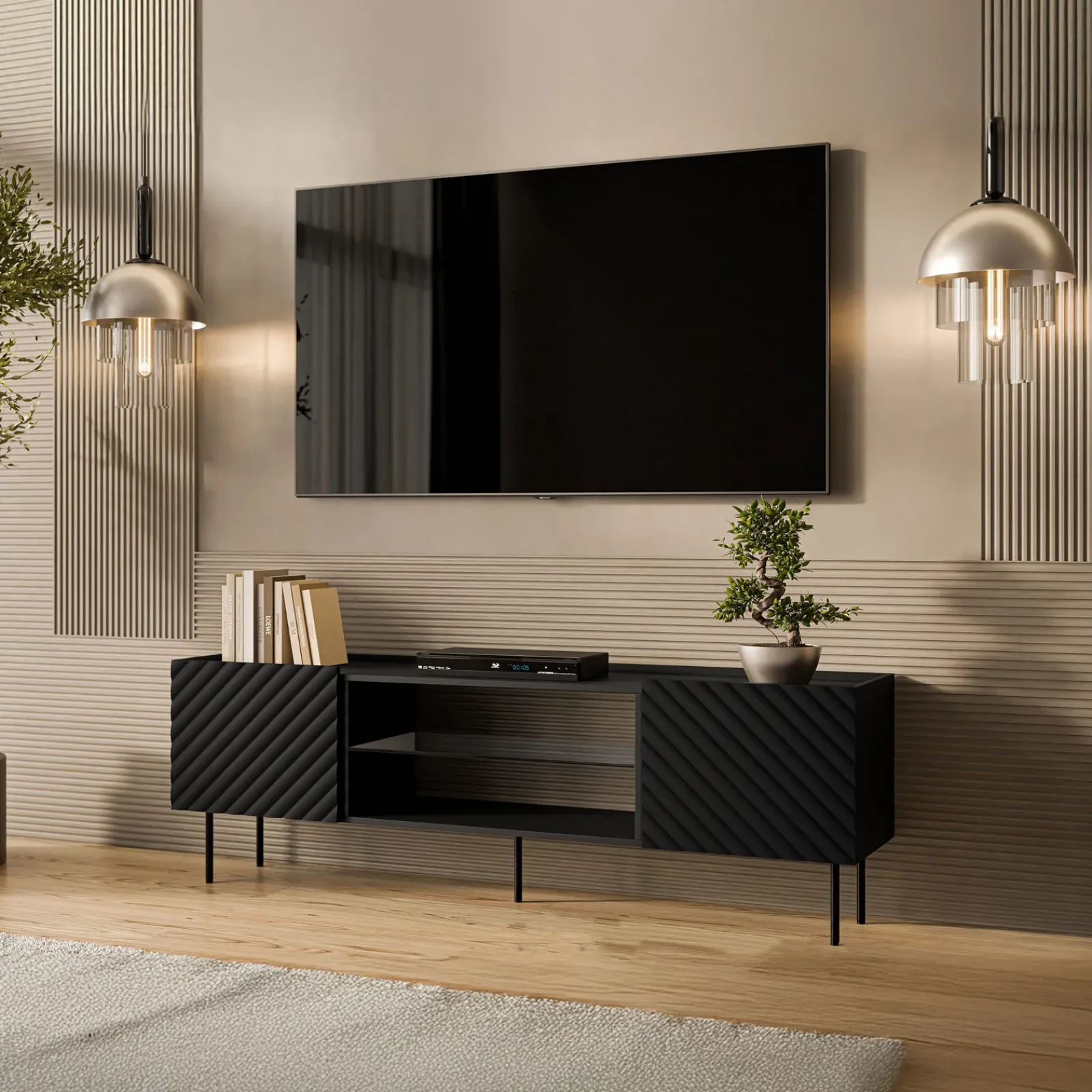 Garnero Arredamenti Mobile Tv Basso-Mobile porta TV 181x59h cm 2 ante 2 vani con frontali decorati nero Daniele Nero Opaco