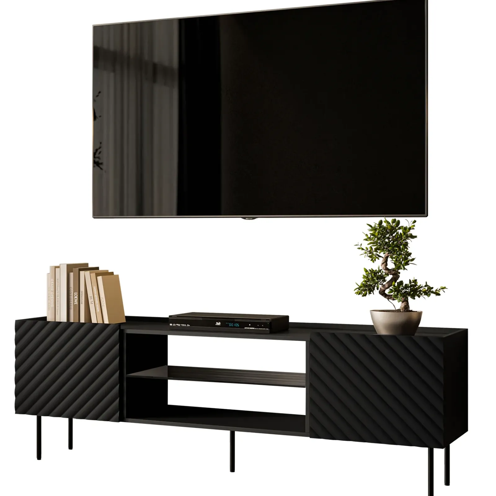 Garnero Arredamenti Mobile Tv Basso-Mobile porta TV 181x59h cm 2 ante 2 vani con frontali decorati nero Daniele Nero Opaco