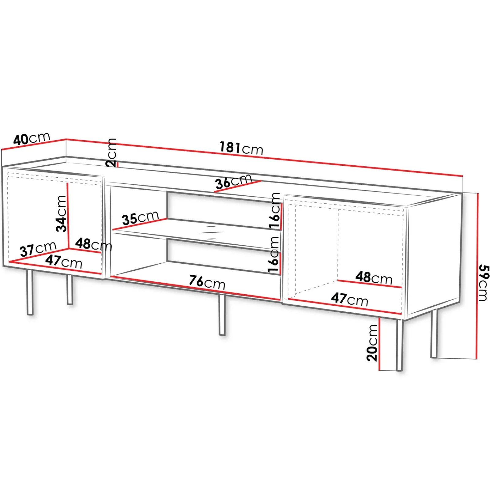 Garnero Arredamenti Mobile Tv Basso-Mobile porta TV 181x59h cm 2 ante 2 vani con frontali decorati nero Daniele Nero Opaco