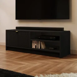 Garnero Arredamenti Mobili Tv Moderni|Mobile Tv Moderno-Mobile porta tv 120x40h cm 1 anta 2 vani a giorno cannettato nero Athena Nero Opaco