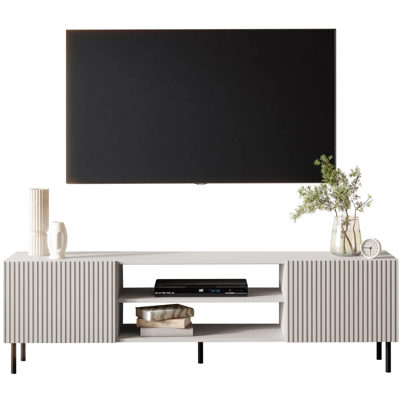 Garnero Arredamenti Mobile Tv Basso|Mobili Tv Moderni-Mobile porta TV 181x53h cm 2 ante 2 vani con frontali cannettati beige Ziggy