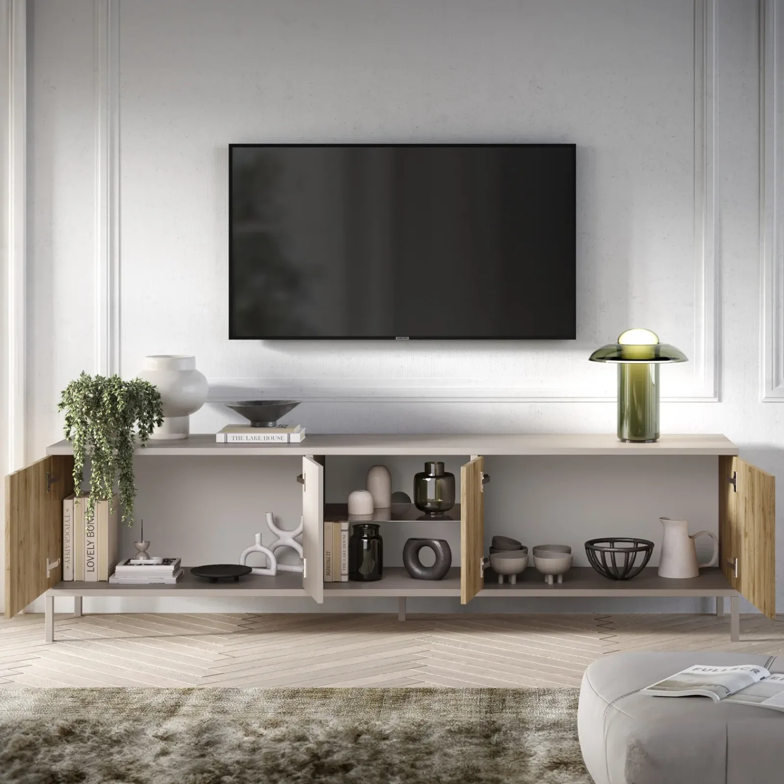 Garnero Arredamenti Mobile Tv Basso-Mobile porta TV 210x59h cm 4 ante 2 vani rovere chiaro beige Tony