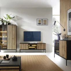 Garnero Arredamenti Mobile Tv Basso-Mobile porta TV 153x56h cm 3 ante moderno nero rovere antico cannettato Bali