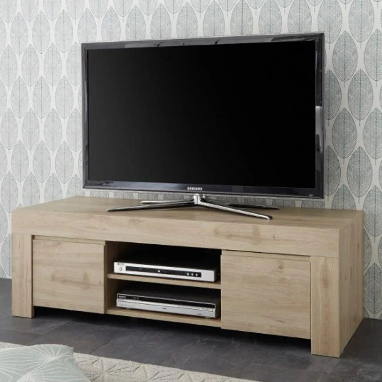 Garnero Arredamenti Mobile Tv In Legno|Mobile Tv Basso-Mobile porta TV 138x44h cm 2 ante 2 vani moderno chiaro Halston Rovere