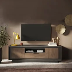 Garnero Arredamenti Mobile Tv Basso|Mobili Tv Moderni-Mobile porta TV 184x58h cm 2 ante 1 cassetto antracite rovere scuro Deluxe Antracite - Noce