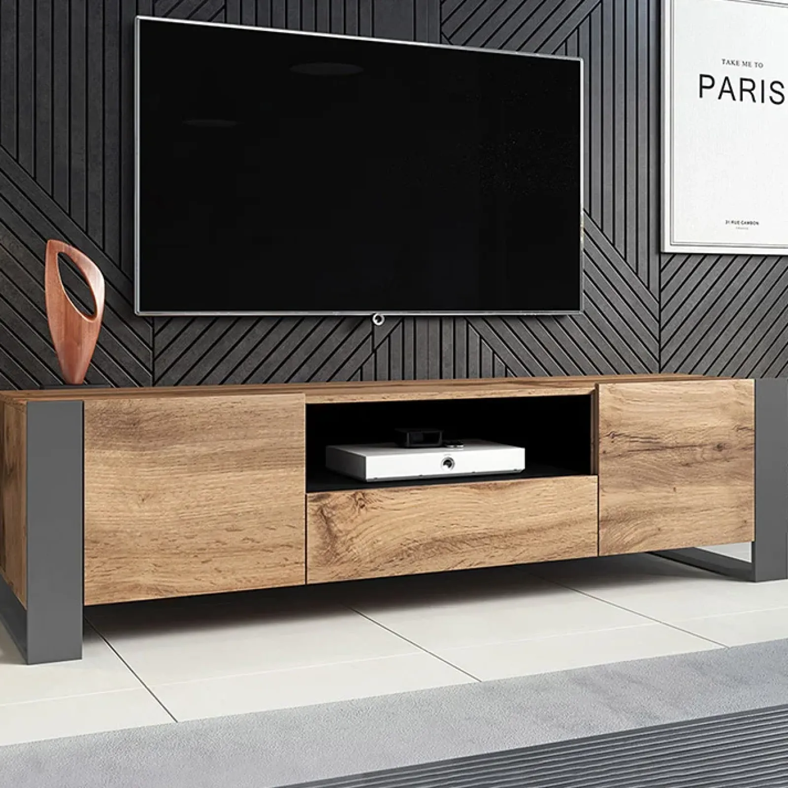 Garnero Arredamenti Mobile Tv Basso|Mobili Tv Moderni-Mobile porta TV 180x48h cm 2 ante 1 cassetto legno antracite Tampere