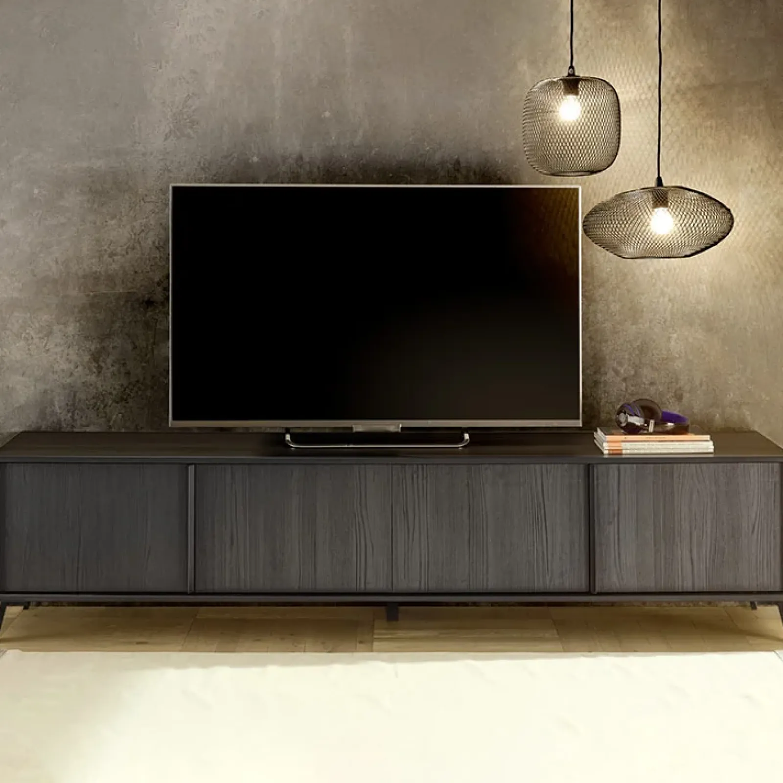 Garnero Arredamenti Mobile Tv Basso|Mobili Tv Moderni-Mobile porta TV 205x48h cm 4 ante Tosca Nero Frassinato
