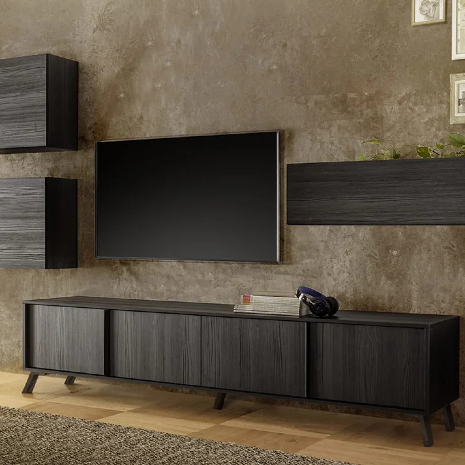 Garnero Arredamenti Mobile Tv Basso|Mobili Tv Moderni-Mobile porta TV 205x48h cm 4 ante Tosca Nero Frassinato