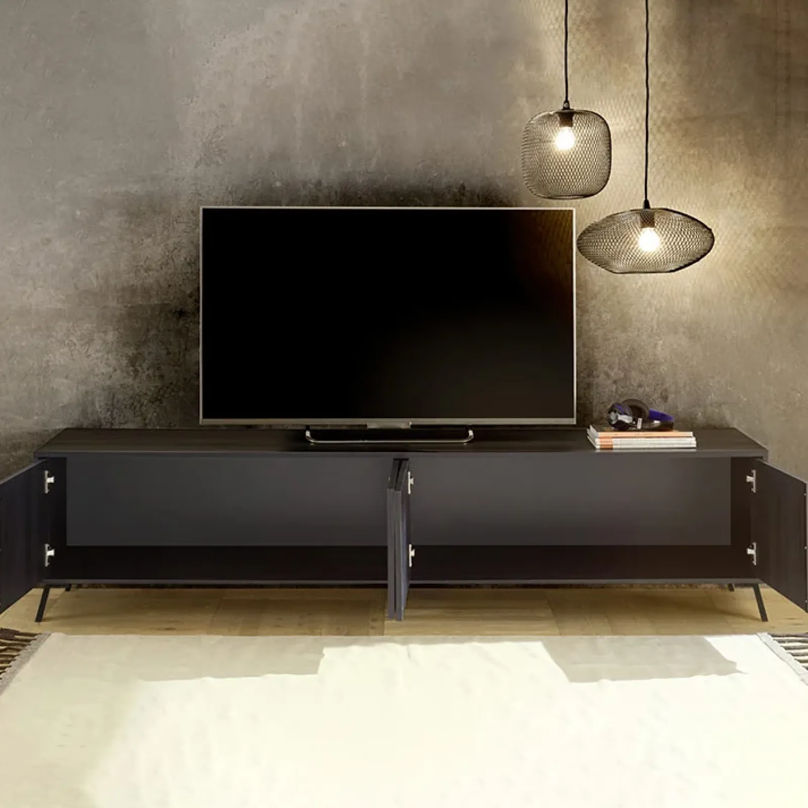 Garnero Arredamenti Mobile Tv Basso|Mobili Tv Moderni-Mobile porta TV 205x48h cm 4 ante Tosca Nero Frassinato