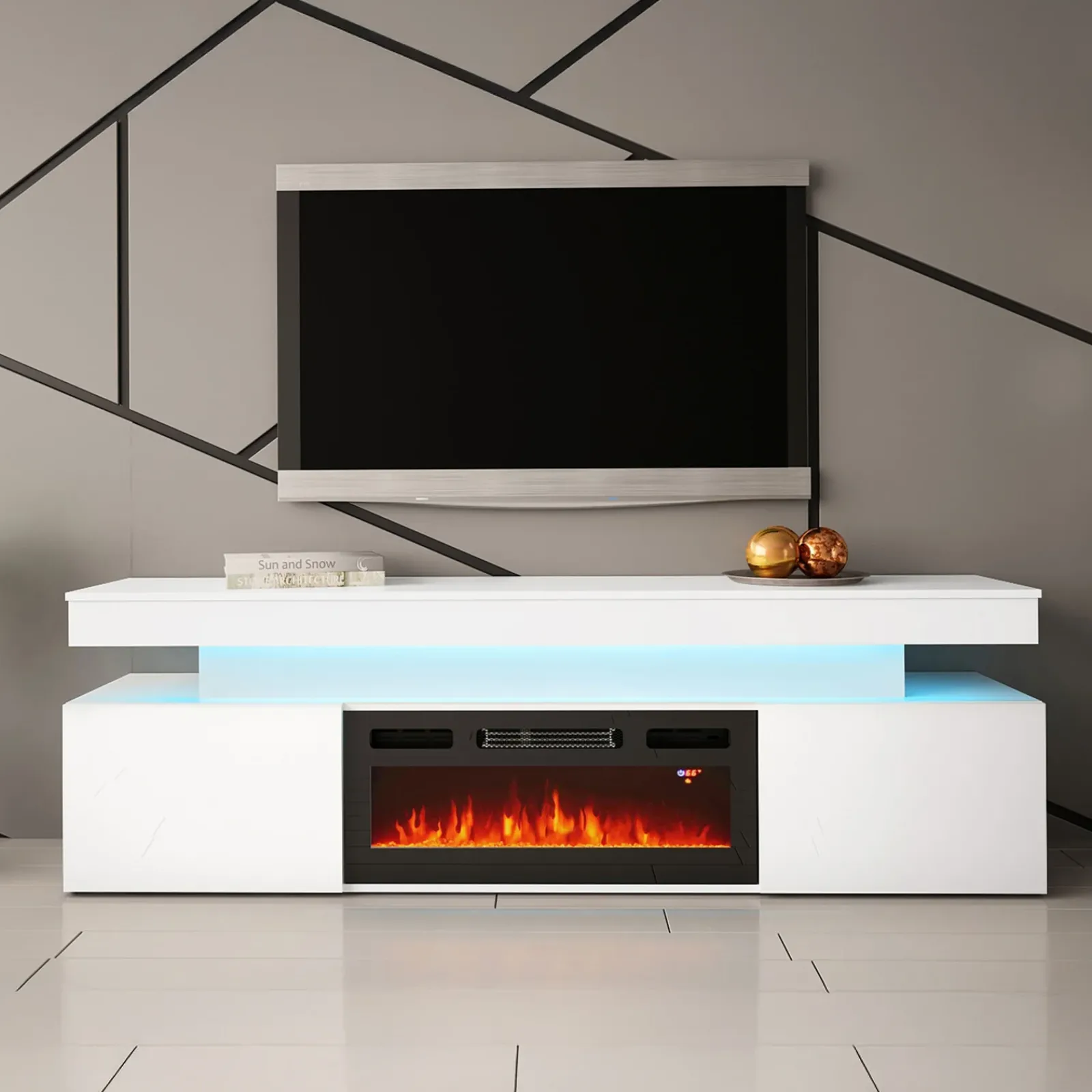 Garnero Arredamenti Camino Elettrico|Mobile Tv Basso-Mobile porta TV 190x59h cm 2 ante con caminetto con LED bianco Lumus Bianco Lucido