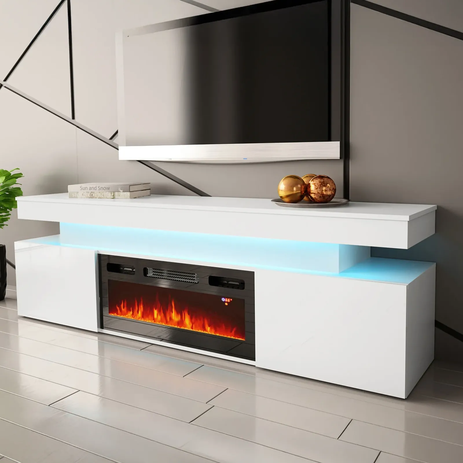 Garnero Arredamenti Camino Elettrico|Mobile Tv Basso-Mobile porta TV 190x59h cm 2 ante con caminetto con LED bianco Lumus Bianco Lucido