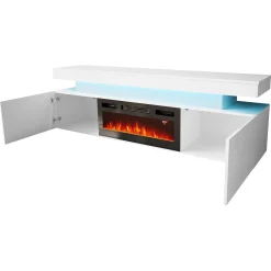 Garnero Arredamenti Camino Elettrico|Mobile Tv Basso-Mobile porta TV 190x59h cm 2 ante con caminetto con LED bianco Lumus Bianco Lucido
