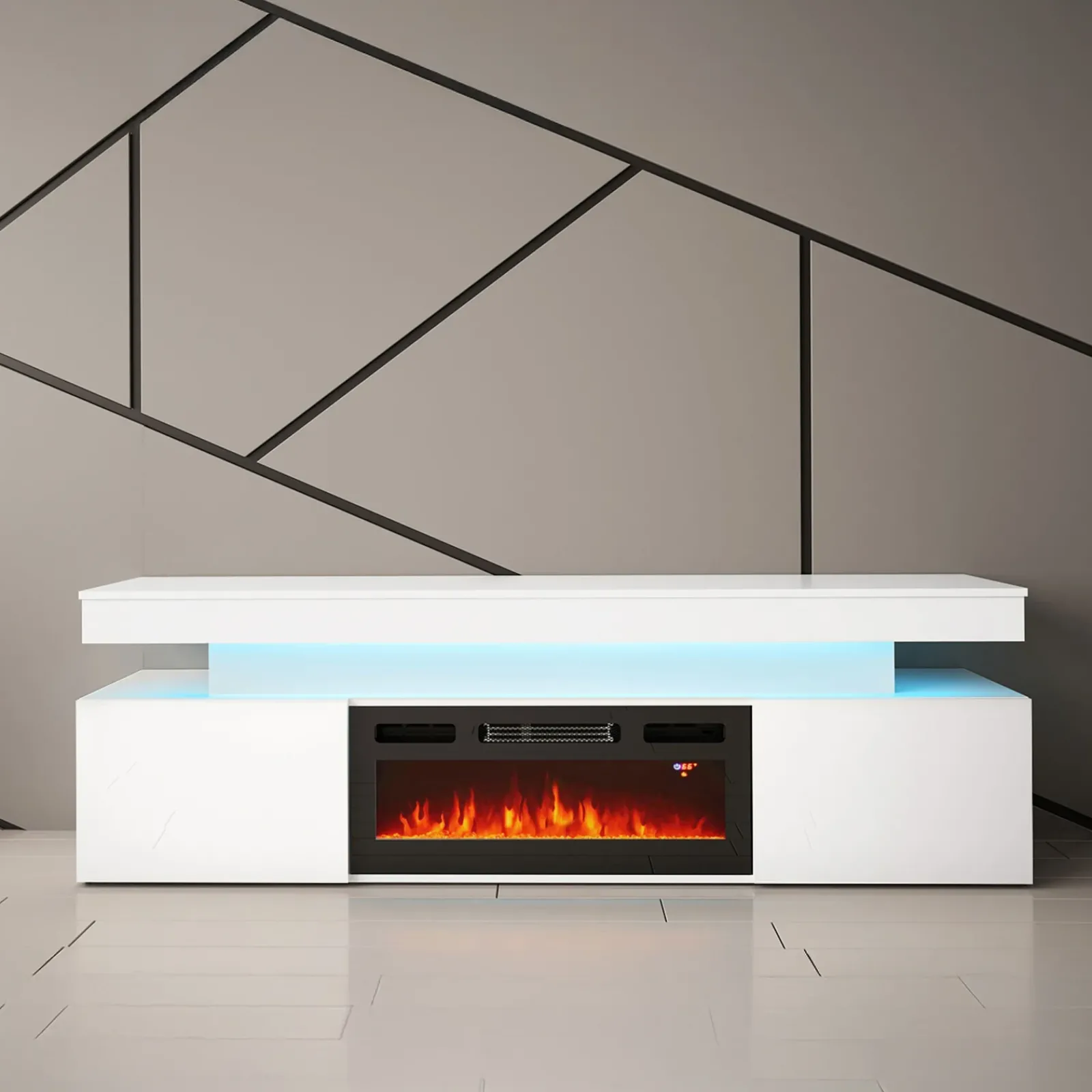 Garnero Arredamenti Camino Elettrico|Mobile Tv Basso-Mobile porta TV 190x59h cm 2 ante con caminetto con LED bianco Lumus Bianco Lucido