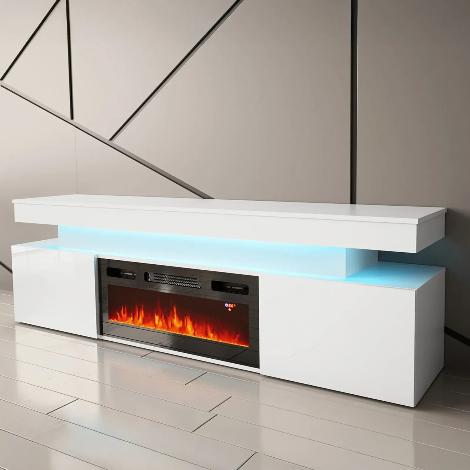 Garnero Arredamenti Camino Elettrico|Mobile Tv Basso-Mobile porta TV 190x59h cm 2 ante con caminetto con LED bianco Lumus Bianco Lucido