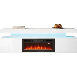 Garnero Arredamenti Camino Elettrico|Mobile Tv Basso-Mobile porta TV 190x59h cm 2 ante con caminetto con LED bianco Lumus Bianco Lucido