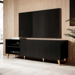 Garnero Arredamenti Mobile Tv Basso|Mobili Tv Moderni-Mobile porta TV 150x52h cm 2 ante cannettato nero Essence Nero Opaco