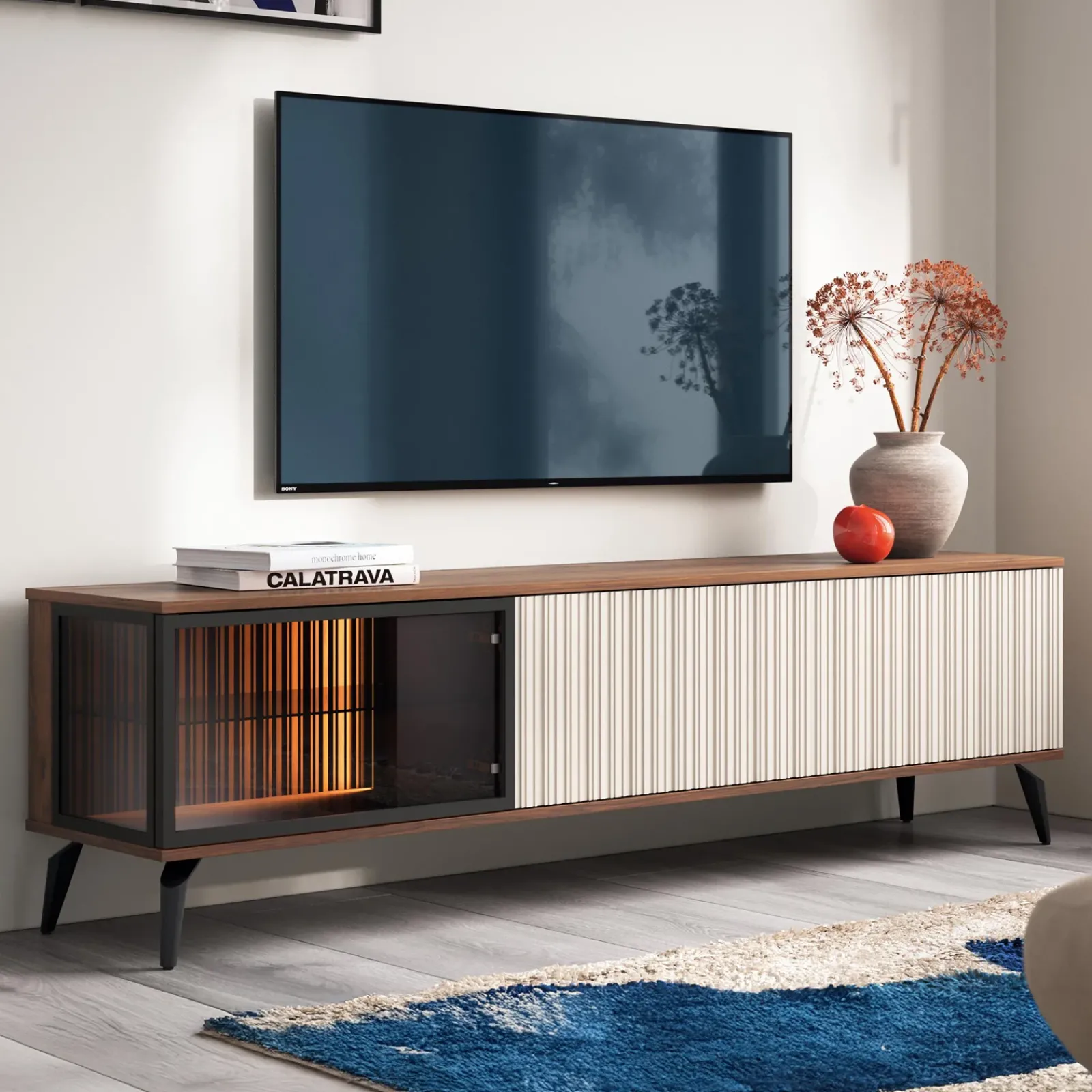 Garnero Arredamenti Mobile Tv Sospeso-Mobile porta tv 180x50h cm 3 ante con LED cannettato noce beige Evelina