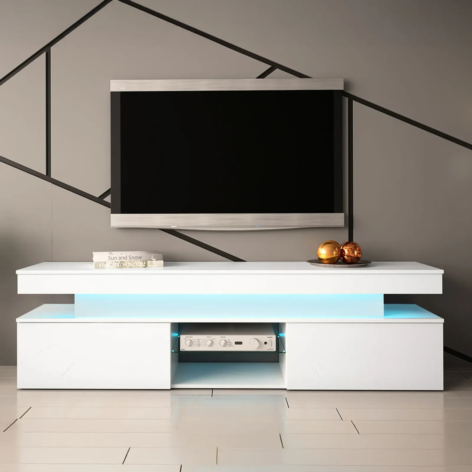 Garnero Arredamenti Mobile Tv Basso|Mobili Tv Moderni-Mobile porta TV 190x54h cm 2 ante con LED bianco Lumus Bianco Lucido