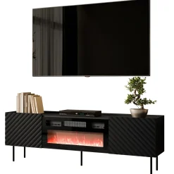 Garnero Arredamenti Camino Elettrico|Mobile Tv Basso-Mobile porta TV 181x59h cm 2 ante con caminetto con frontali decorati nero Daniele Nero Opaco