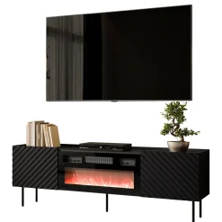 Garnero Arredamenti Camino Elettrico|Mobile Tv Basso-Mobile porta TV 181x59h cm 2 ante con caminetto con frontali decorati nero Daniele Nero Opaco