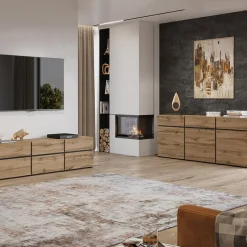 Garnero Arredamenti Mobile Tv In Legno|Mobile Tv Basso-Mobile porta TV 180x48h cm 3 ante a ribalta 3 cassetti nero Lolla Rovere