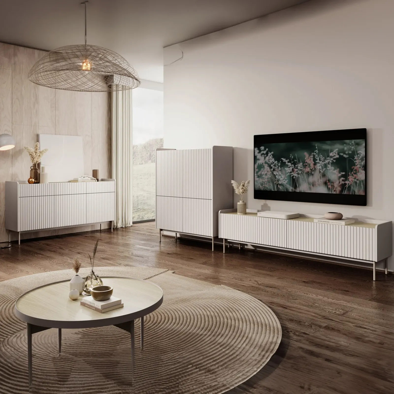 Garnero Arredamenti Mobile Tv Basso-Mobile porta TV 181x50h cm 2 ante beige cannettato rovere Fioca