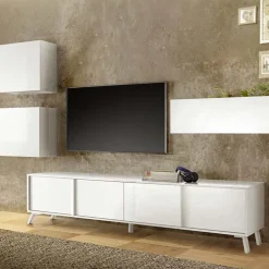 Garnero Arredamenti Mobile Tv Basso|Mobili Tv Moderni-Mobile porta TV 205x48h cm 4 ante Tosca Bianco Lucido