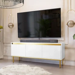 Garnero Arredamenti Mobile Tv Basso-Mobile porta TV 150x60h cm 3 ante bianco oro Praga Bianco Opaco - Oro