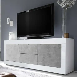 Garnero Arredamenti Mobile Tv Basso|Mobili Tv Moderni-Mobile porta TV 210x66h cm 2 ante 2 cassetti bianco lucido cemento Eternity Bianco Lucido - Cemento