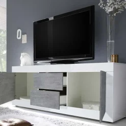 Garnero Arredamenti Mobile Tv Basso|Mobili Tv Moderni-Mobile porta TV 210x66h cm 2 ante 2 cassetti bianco lucido cemento Eternity Bianco Lucido - Cemento