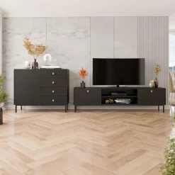 Garnero Arredamenti Mobile Tv Basso|Mobili Tv Moderni-Mobile porta TV 180x48h cm 2 ante 2 vani Giuggiola Nero Opaco