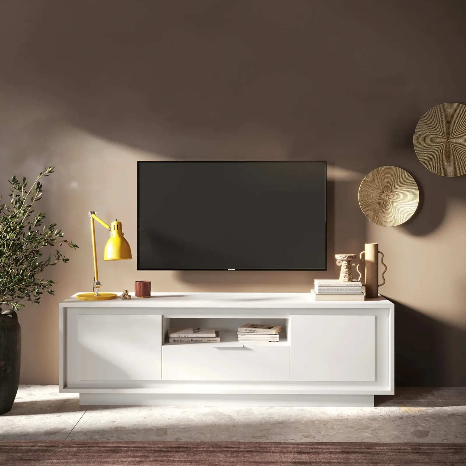 Garnero Arredamenti Mobile Tv Basso|Mobili Tv Moderni-Mobile porta TV 184x58h cm 2 ante 1 cassetto Deluxe Bianco Opaco