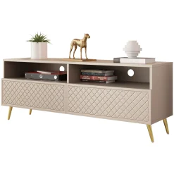 Garnero Arredamenti Mobile Tv Basso|Mobili Tv Moderni-Mobile porta TV 150x57h cm 2 ante 2 vani con frontali decorati Simona Beige