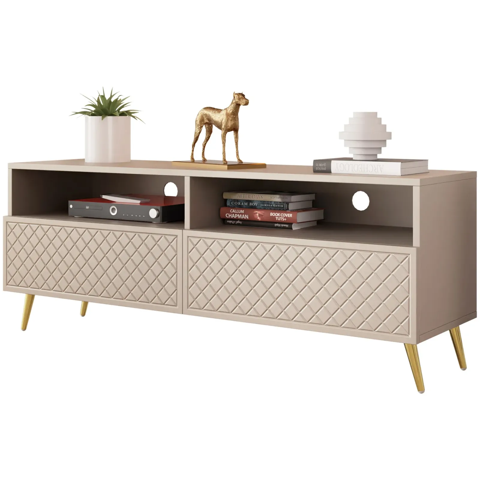 Garnero Arredamenti Mobile Tv Basso|Mobili Tv Moderni-Mobile porta TV 150x57h cm 2 ante 2 vani con frontali decorati Simona Beige