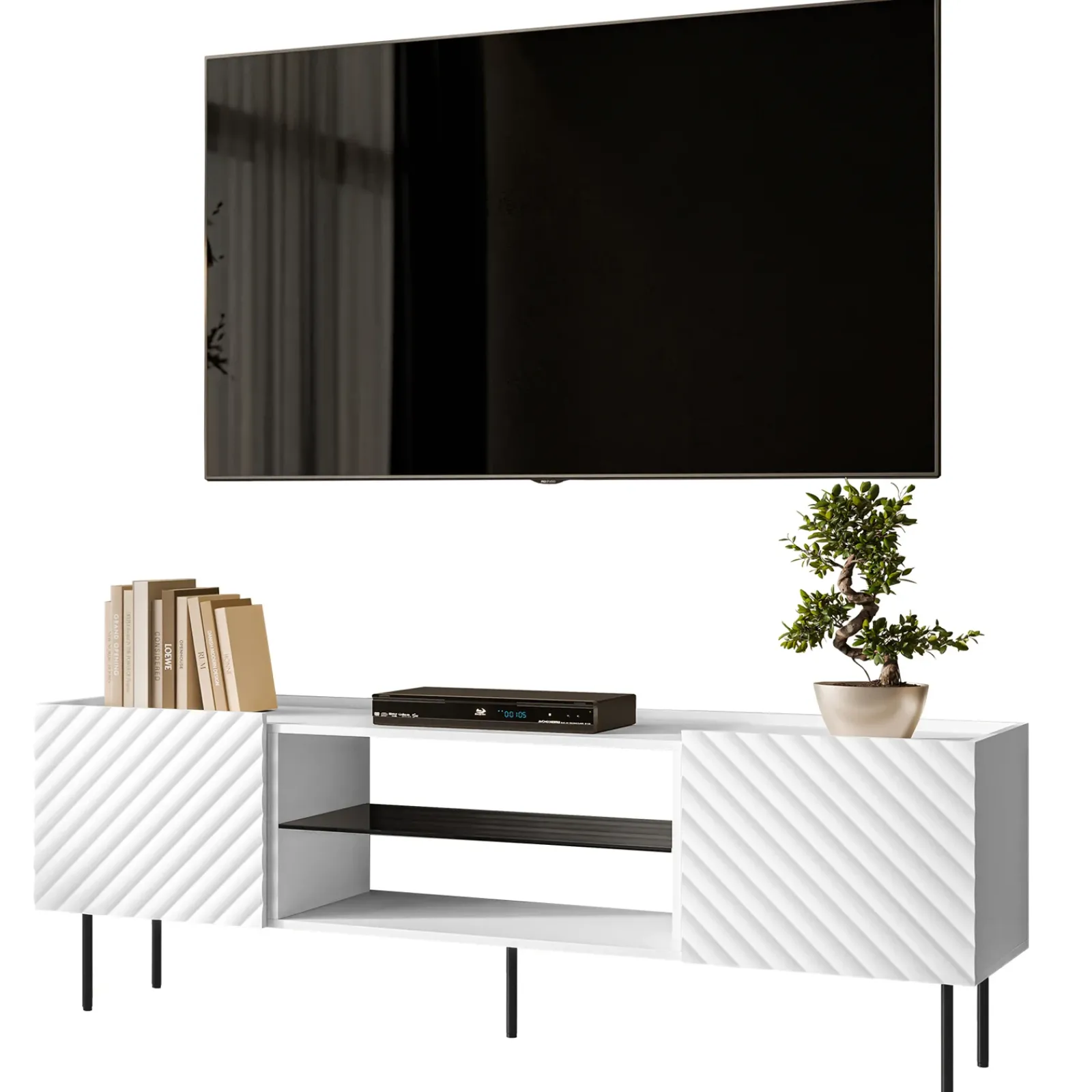 Garnero Arredamenti Mobile Tv Basso-Mobile porta TV 181x59h cm 2 ante 2 vani con frontali decorati bianco Daniele Bianco Opaco