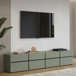 Garnero Arredamenti Mobile Tv Basso|Mobili Tv Moderni-Mobile porta TV 225x48h cm 4 ante a ribalta 4 cassetti moderno verde nero Lolla Verde Salvia