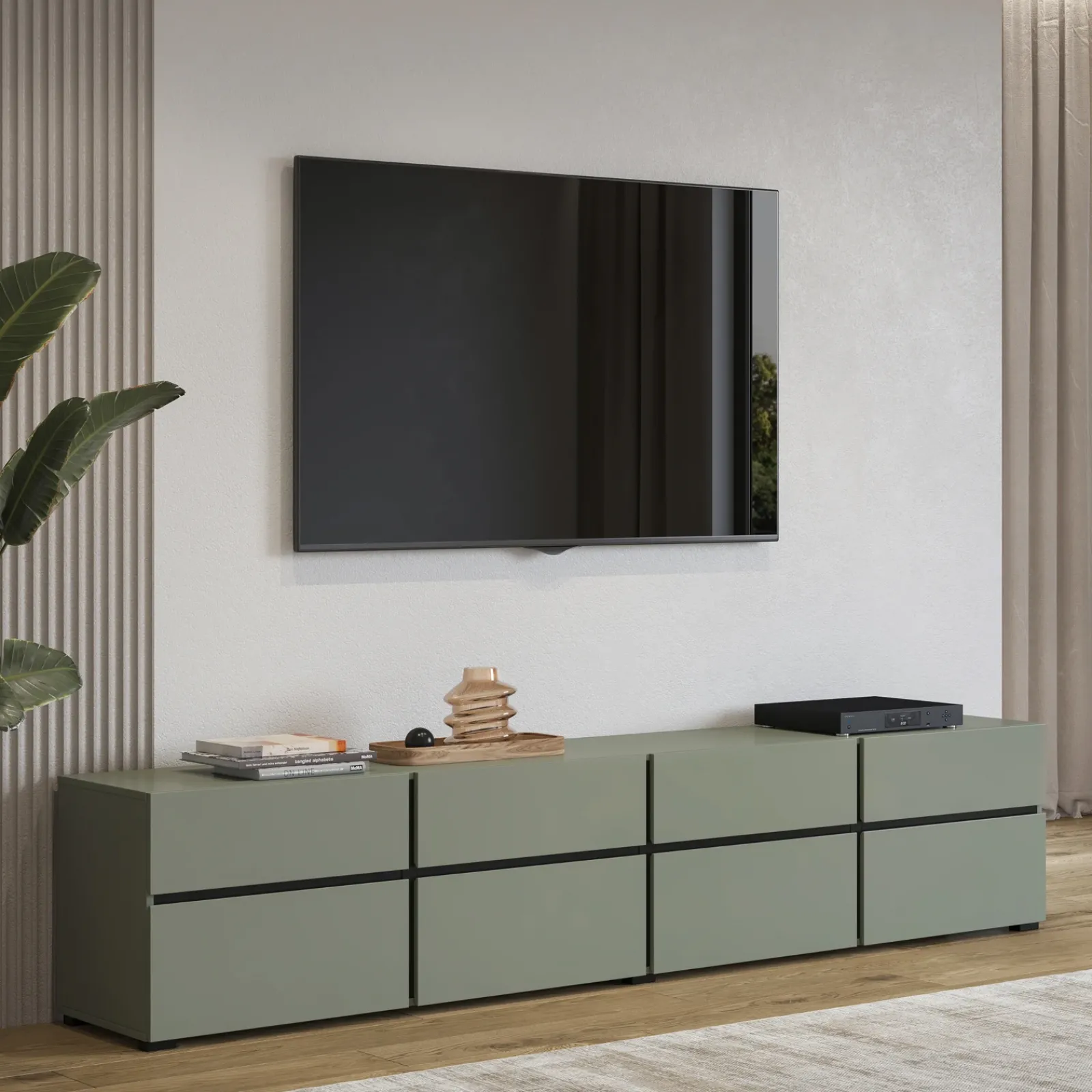 Garnero Arredamenti Mobile Tv Basso|Mobili Tv Moderni-Mobile porta TV 225x48h cm 4 ante a ribalta 4 cassetti moderno verde nero Lolla Verde Salvia